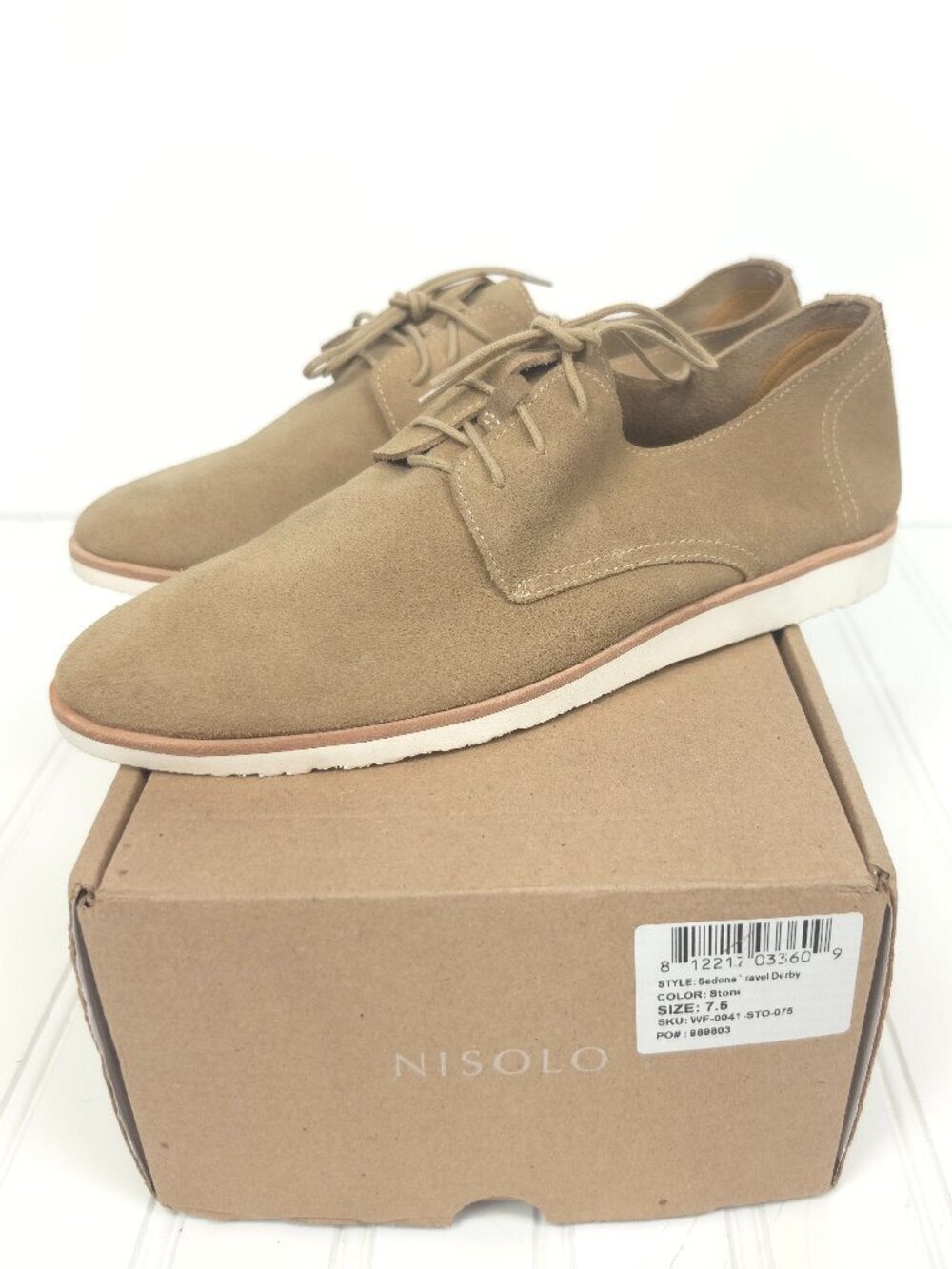 NIB Women's Nisolo Sedona Travel Derby Lightweight Suede Oxfords Stone Size 7.5